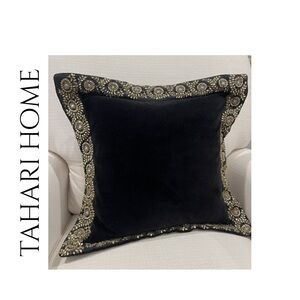 Tahari Black Velvet Pillow with Gold Beaded & Rhinestone Border